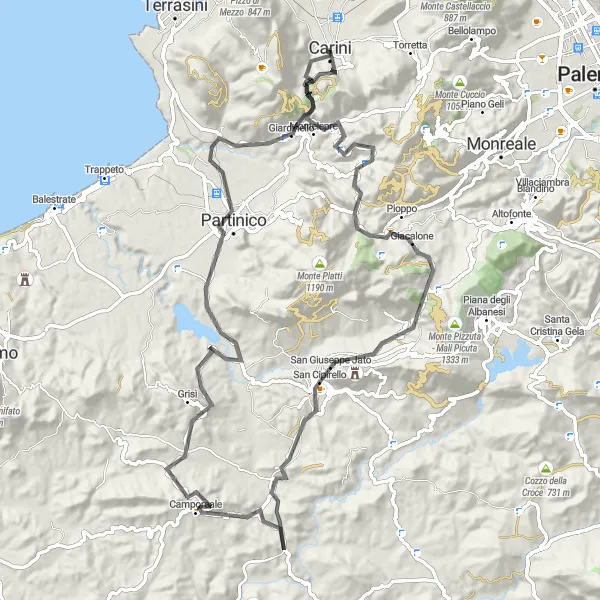 Map miniature of "Exploring the Hills of Carini" cycling inspiration in Sicilia, Italy. Generated by Tarmacs.app cycling route planner