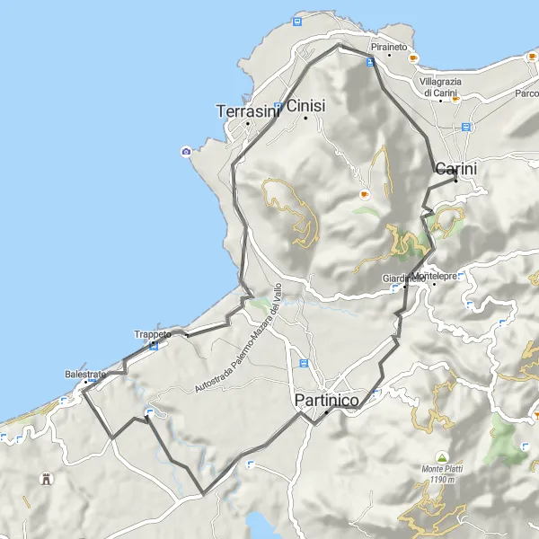 Map miniature of "Scenic Ride to Cinisi" cycling inspiration in Sicilia, Italy. Generated by Tarmacs.app cycling route planner