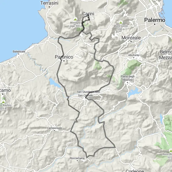 Map miniature of "Montelepre - Carini Loop" cycling inspiration in Sicilia, Italy. Generated by Tarmacs.app cycling route planner