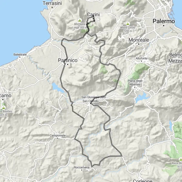 Miniatura della mappa di ispirazione al ciclismo "Il Castello di Carini e le colline circostanti" nella regione di Sicilia, Italy. Generata da Tarmacs.app, pianificatore di rotte ciclistiche