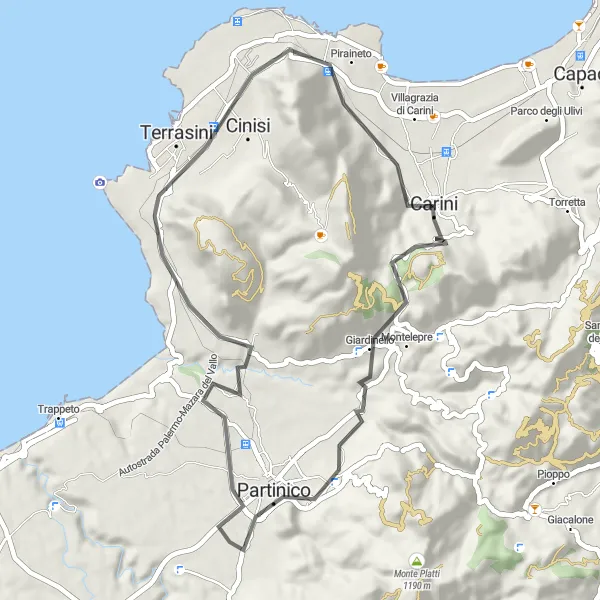 Map miniature of "Scenic Ride through Monte Pecoraro and Carini" cycling inspiration in Sicilia, Italy. Generated by Tarmacs.app cycling route planner