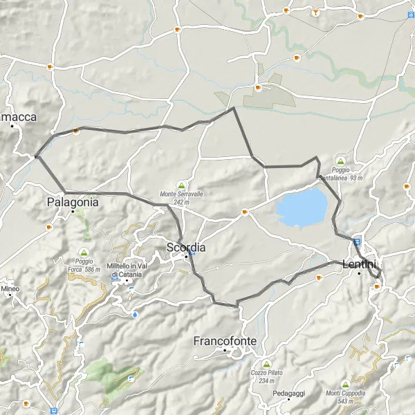 Map miniature of "Scenic Scordia Circuit" cycling inspiration in Sicilia, Italy. Generated by Tarmacs.app cycling route planner