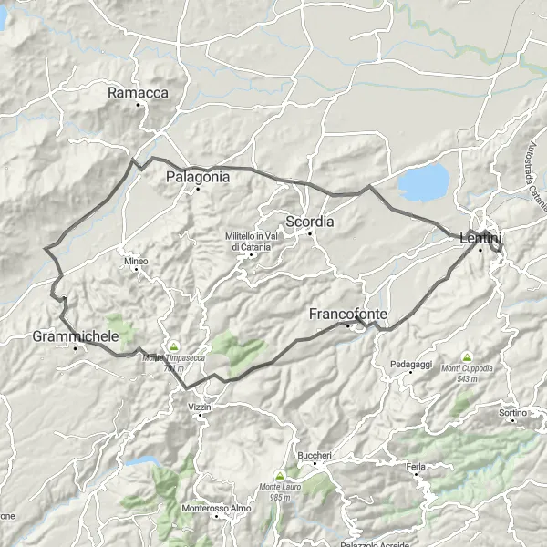 Map miniature of "The Grand Tour" cycling inspiration in Sicilia, Italy. Generated by Tarmacs.app cycling route planner