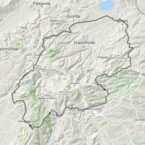 Map miniature of "Mountains and Valleys" cycling inspiration in Sicilia, Italy. Generated by Tarmacs.app cycling route planner