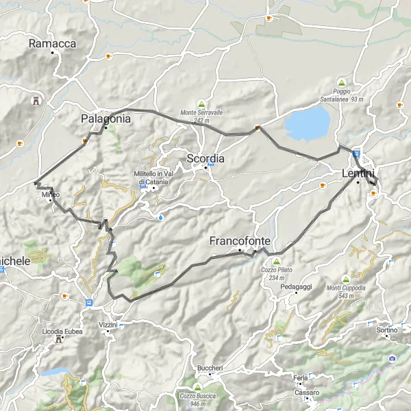 Miniatura della mappa di ispirazione al ciclismo "Tour in bicicletta da Carlentini a Poggio Fiumrfreddo" nella regione di Sicilia, Italy. Generata da Tarmacs.app, pianificatore di rotte ciclistiche