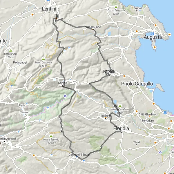 Map miniature of "The Idyllic Countryside Loop" cycling inspiration in Sicilia, Italy. Generated by Tarmacs.app cycling route planner