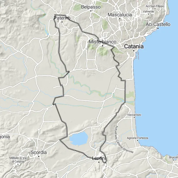 Map miniature of "Ancient Ruins and Charming Towns" cycling inspiration in Sicilia, Italy. Generated by Tarmacs.app cycling route planner