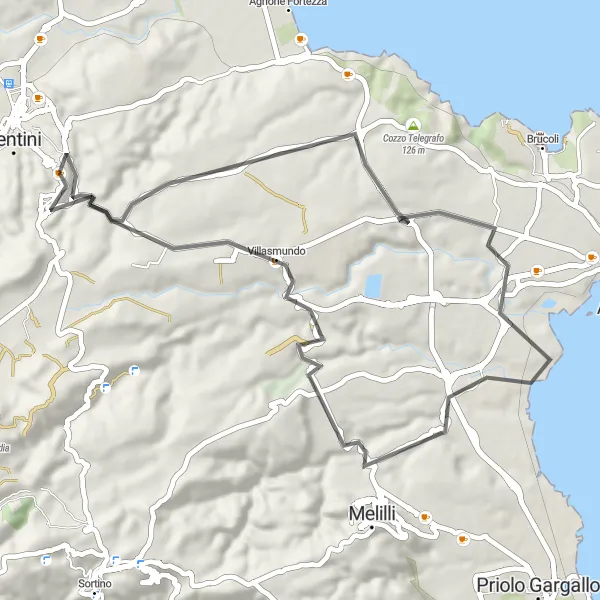 Map miniature of "Coastal Scenery and Charming Villages" cycling inspiration in Sicilia, Italy. Generated by Tarmacs.app cycling route planner