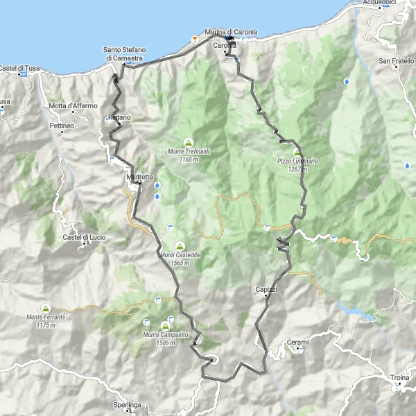 Miniatura della mappa di ispirazione al ciclismo "Esplorazione delle colline circostanti Marina di Caronia" nella regione di Sicilia, Italy. Generata da Tarmacs.app, pianificatore di rotte ciclistiche