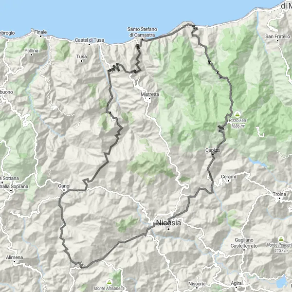 Miniatura della mappa di ispirazione al ciclismo "Giro in bici da Caronia a Nicosia" nella regione di Sicilia, Italy. Generata da Tarmacs.app, pianificatore di rotte ciclistiche