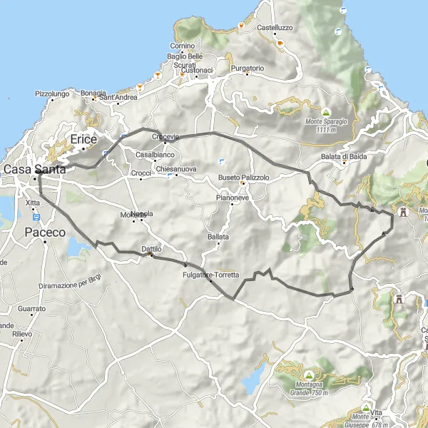 Map miniature of "Scenic Valderice Ride" cycling inspiration in Sicilia, Italy. Generated by Tarmacs.app cycling route planner