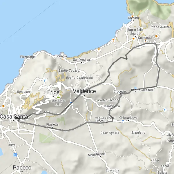 Map miniature of "Custonaci Scenic Route" cycling inspiration in Sicilia, Italy. Generated by Tarmacs.app cycling route planner