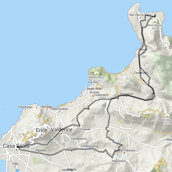 Map miniature of "Monaco and Capo Cycling Tour" cycling inspiration in Sicilia, Italy. Generated by Tarmacs.app cycling route planner