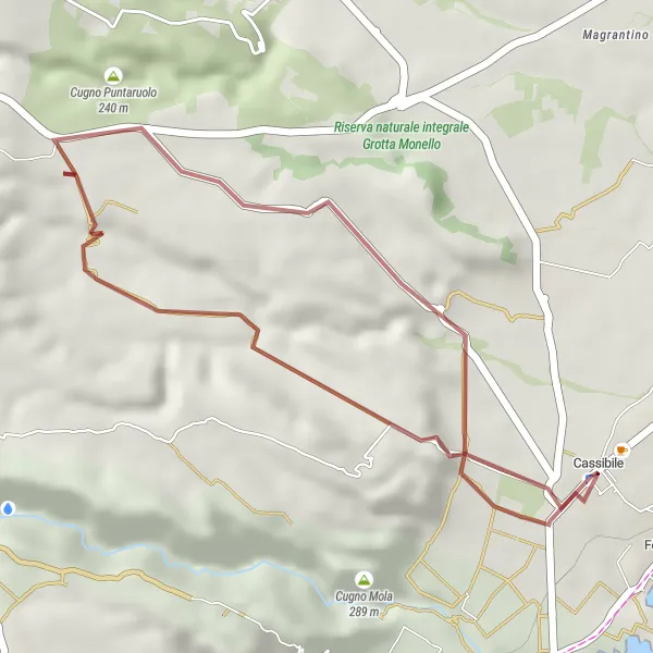 Miniatura della mappa di ispirazione al ciclismo "Tour Esplorativo di Cassibile in Gravel" nella regione di Sicilia, Italy. Generata da Tarmacs.app, pianificatore di rotte ciclistiche