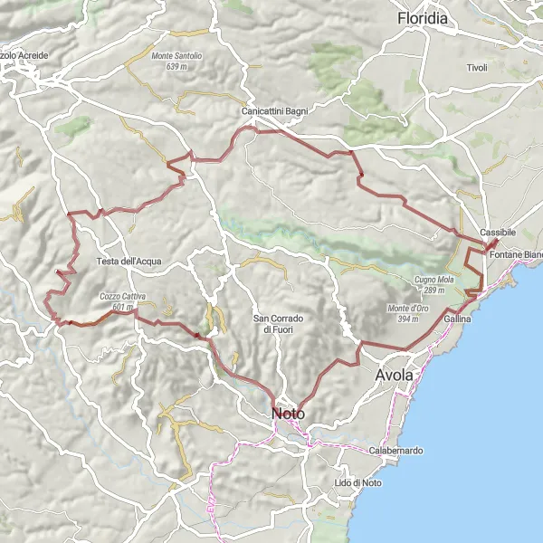 Miniatura della mappa di ispirazione al ciclismo "In Gravel tra le Colline Siciliane" nella regione di Sicilia, Italy. Generata da Tarmacs.app, pianificatore di rotte ciclistiche