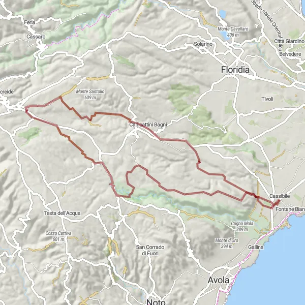 Miniatura della mappa di ispirazione al ciclismo "Avventura Siciliana in Gravel" nella regione di Sicilia, Italy. Generata da Tarmacs.app, pianificatore di rotte ciclistiche