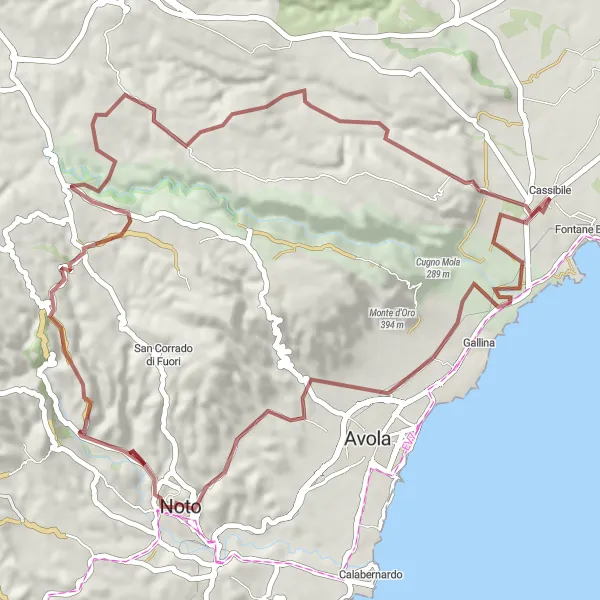 Map miniature of "Hidden Gem Gravel Route" cycling inspiration in Sicilia, Italy. Generated by Tarmacs.app cycling route planner
