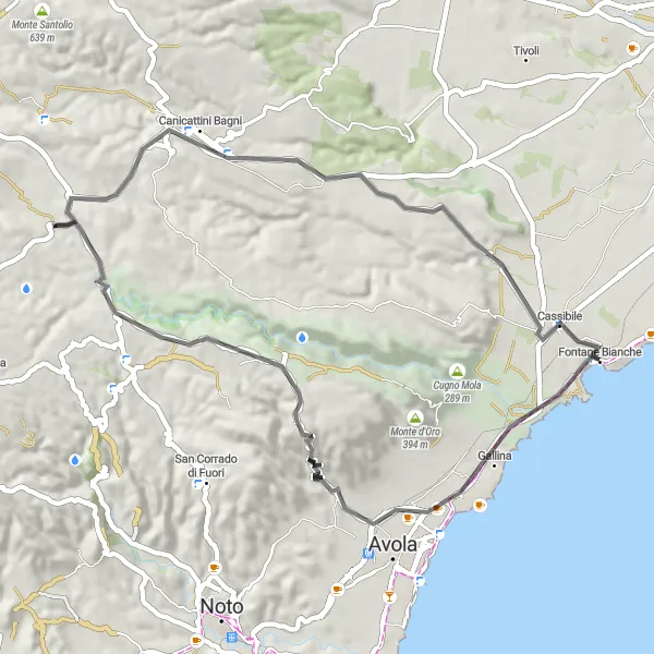 Miniatura della mappa di ispirazione al ciclismo "Costa Ionica di Sicilia" nella regione di Sicilia, Italy. Generata da Tarmacs.app, pianificatore di rotte ciclistiche