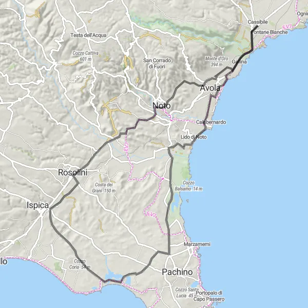 Miniatura della mappa di ispirazione al ciclismo "Strade del Barocco" nella regione di Sicilia, Italy. Generata da Tarmacs.app, pianificatore di rotte ciclistiche