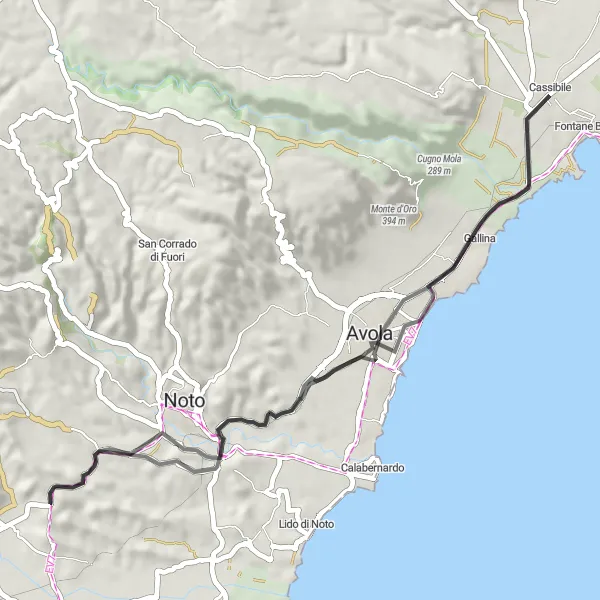 Miniatura della mappa di ispirazione al ciclismo "Tra le Bellezze Naturali di Avola" nella regione di Sicilia, Italy. Generata da Tarmacs.app, pianificatore di rotte ciclistiche