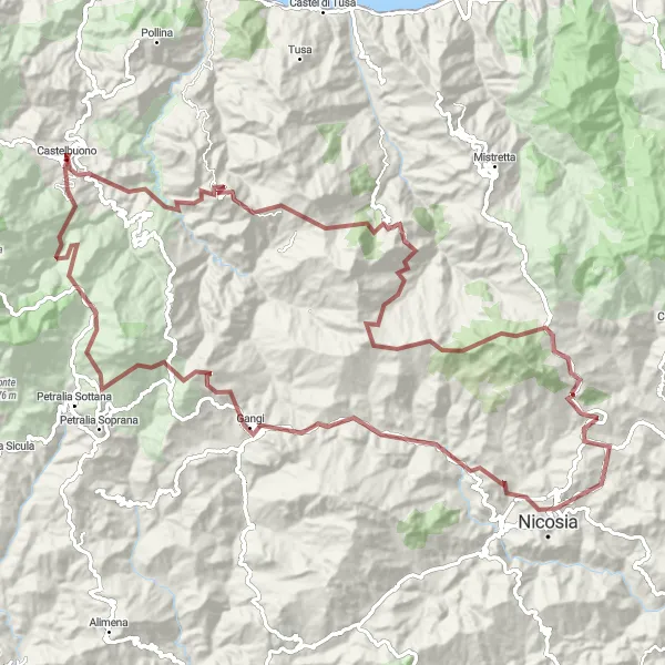 Miniatura della mappa di ispirazione al ciclismo "Giro in mountain bike intorno a Castelbuono" nella regione di Sicilia, Italy. Generata da Tarmacs.app, pianificatore di rotte ciclistiche