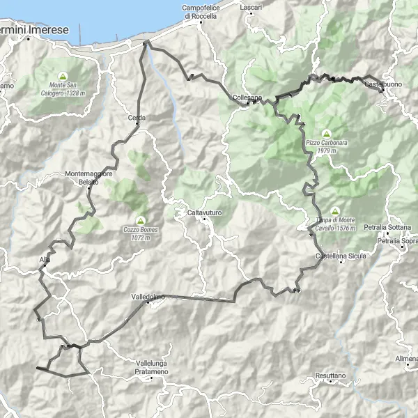 Map miniature of "The Sicilian Odyssey" cycling inspiration in Sicilia, Italy. Generated by Tarmacs.app cycling route planner