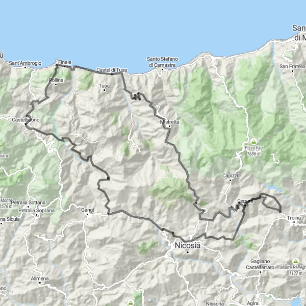 Miniatura della mappa di ispirazione al ciclismo "Castelbuono - Monte San Martino Cycling Route" nella regione di Sicilia, Italy. Generata da Tarmacs.app, pianificatore di rotte ciclistiche