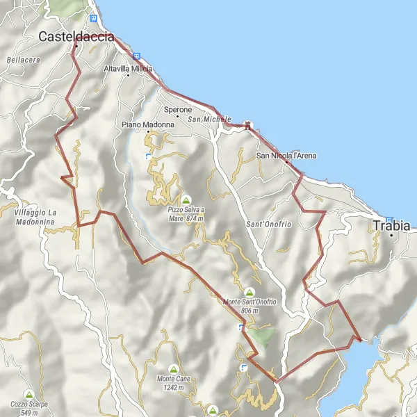 Map miniature of "Casteldaccia to Altavilla Milicia Gravel Route" cycling inspiration in Sicilia, Italy. Generated by Tarmacs.app cycling route planner