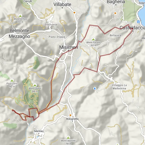Map miniature of "Casteldaccia Mountain Biking Adventure" cycling inspiration in Sicilia, Italy. Generated by Tarmacs.app cycling route planner