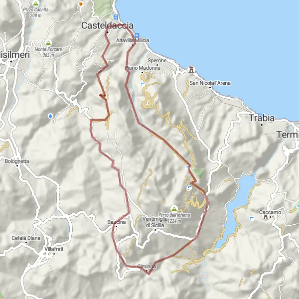 Miniatura della mappa di ispirazione al ciclismo "Percorso ciclabile in gravèl da Casteldaccia a Ciminna" nella regione di Sicilia, Italy. Generata da Tarmacs.app, pianificatore di rotte ciclistiche