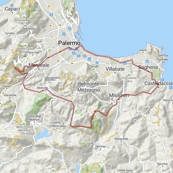 Map miniature of "Gravel Adventure: From Casteldaccia to Monte Giancaldo" cycling inspiration in Sicilia, Italy. Generated by Tarmacs.app cycling route planner