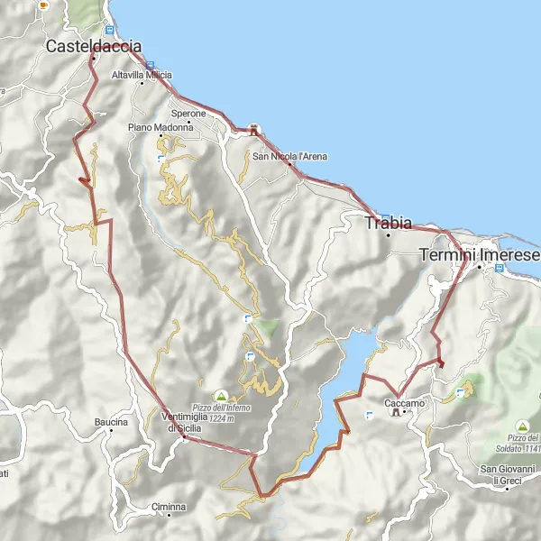 Miniatura della mappa di ispirazione al ciclismo "Tour in bicicletta a Caccamo" nella regione di Sicilia, Italy. Generata da Tarmacs.app, pianificatore di rotte ciclistiche