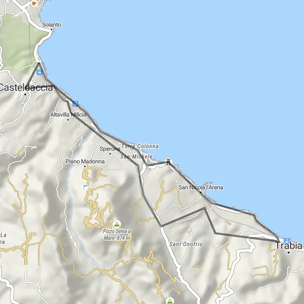Map miniature of "Trabia and Cozzo Fastinchera Road Cycling Route" cycling inspiration in Sicilia, Italy. Generated by Tarmacs.app cycling route planner
