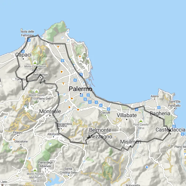 Map miniature of "Misilmeri to Monte Giancaldo Road Cycling Route" cycling inspiration in Sicilia, Italy. Generated by Tarmacs.app cycling route planner