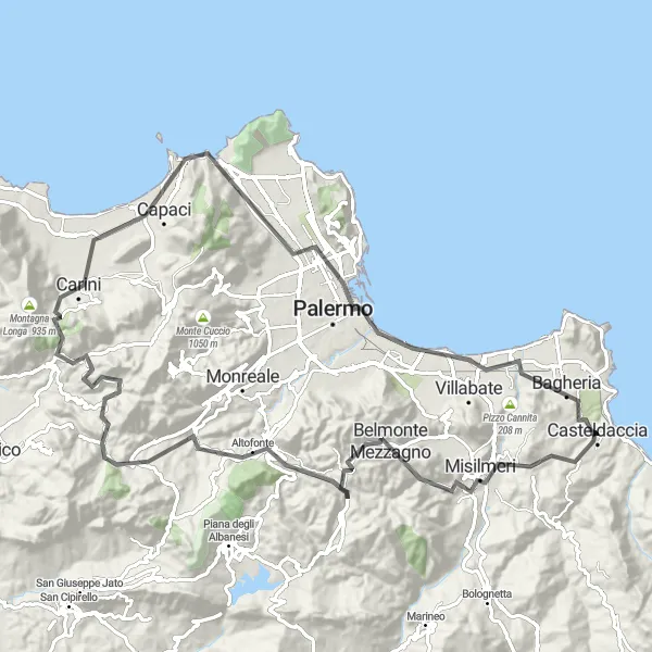 Map miniature of "The Sicilian Hills" cycling inspiration in Sicilia, Italy. Generated by Tarmacs.app cycling route planner