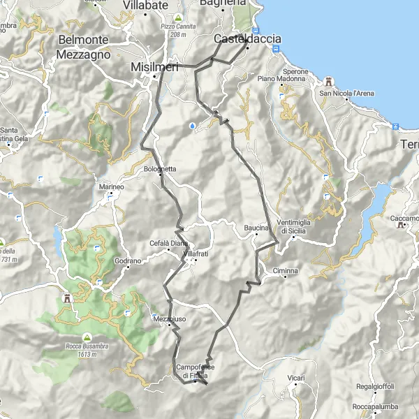 Miniatura della mappa di ispirazione al ciclismo "Tour ciclistico da Casteldaccia a Bolognetta" nella regione di Sicilia, Italy. Generata da Tarmacs.app, pianificatore di rotte ciclistiche