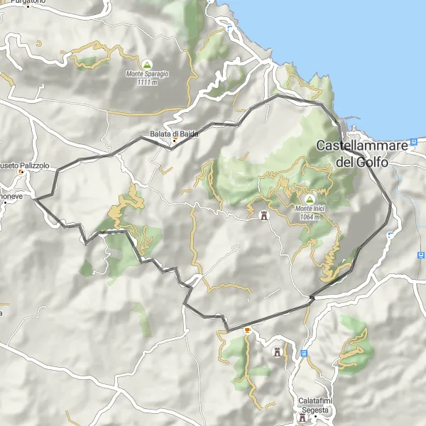 Miniatura della mappa di ispirazione al ciclismo "Giro in bici dalla bellezza mozzafiato vicino a Castellammare del Golfo" nella regione di Sicilia, Italy. Generata da Tarmacs.app, pianificatore di rotte ciclistiche