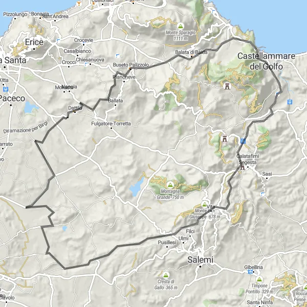 Miniatura della mappa di ispirazione al ciclismo "Calatafimi Segesta - Balata di Baida Road Bike Tour" nella regione di Sicilia, Italy. Generata da Tarmacs.app, pianificatore di rotte ciclistiche
