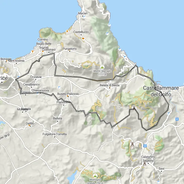 Map miniature of "Custonaci Adventure" cycling inspiration in Sicilia, Italy. Generated by Tarmacs.app cycling route planner