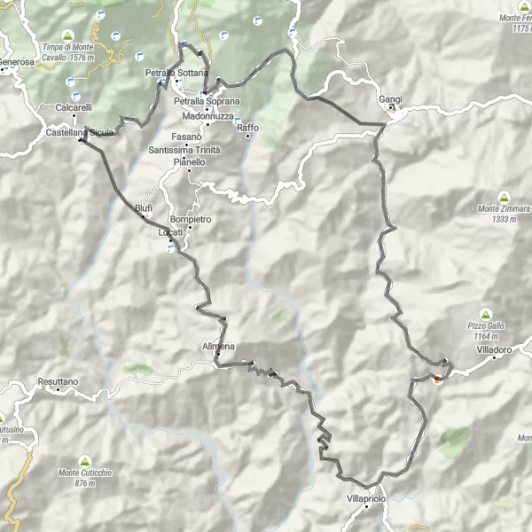 Map miniature of "Hills and Valleys" cycling inspiration in Sicilia, Italy. Generated by Tarmacs.app cycling route planner