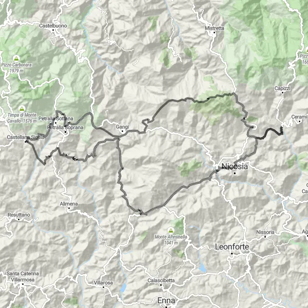 Map miniature of "The Road to Greatness" cycling inspiration in Sicilia, Italy. Generated by Tarmacs.app cycling route planner