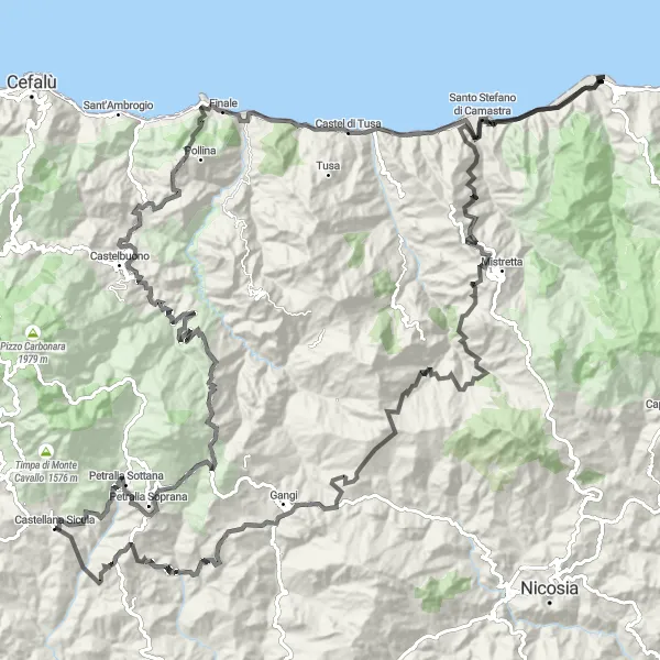 Map miniature of "Climbing the Peaks and Enjoying Coastal Views" cycling inspiration in Sicilia, Italy. Generated by Tarmacs.app cycling route planner