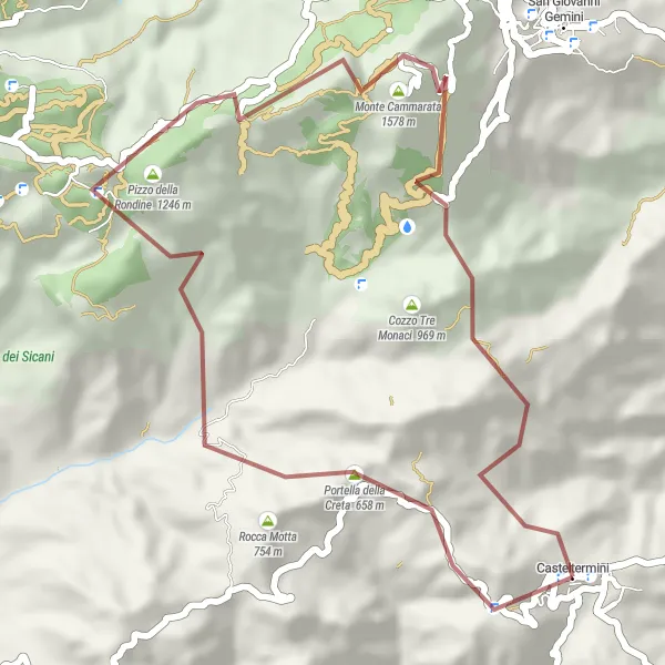 Map miniature of "Casteltermini Gravel Cycling Route" cycling inspiration in Sicilia, Italy. Generated by Tarmacs.app cycling route planner