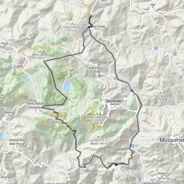 Map miniature of "Scenic Road Cycling Route near Casteltermini" cycling inspiration in Sicilia, Italy. Generated by Tarmacs.app cycling route planner