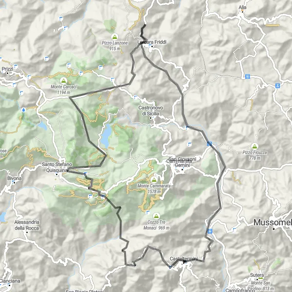 Miniatura della mappa di ispirazione al ciclismo "Itinerario in bicicletta Casteltermini - Pizzo del Corvo" nella regione di Sicilia, Italy. Generata da Tarmacs.app, pianificatore di rotte ciclistiche