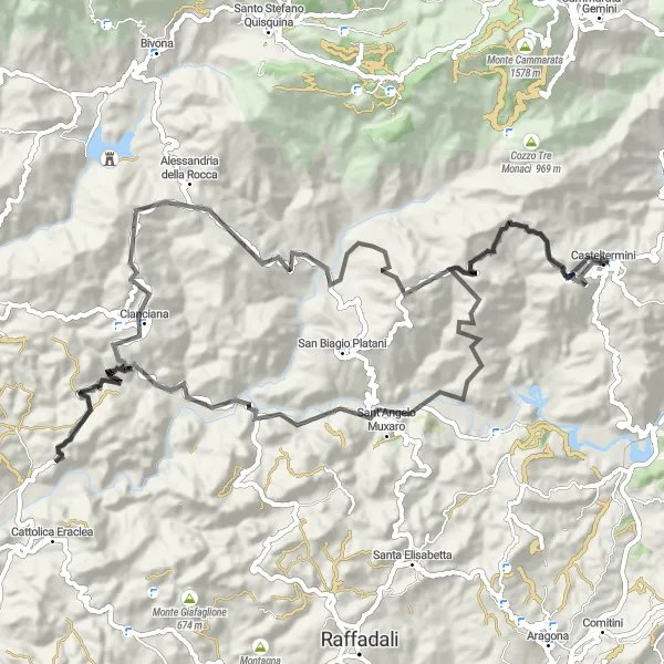 Map miniature of "Challenging Road Cycling Adventure from Casteltermini" cycling inspiration in Sicilia, Italy. Generated by Tarmacs.app cycling route planner