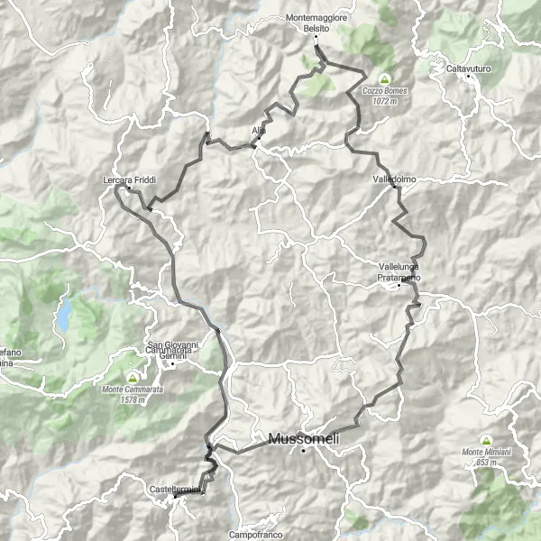 Map miniature of "The Challenging Mountainous Ride" cycling inspiration in Sicilia, Italy. Generated by Tarmacs.app cycling route planner