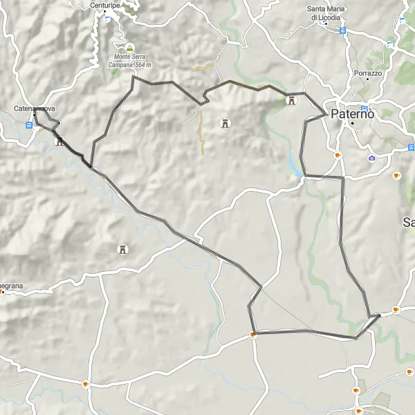 Miniatura della mappa di ispirazione al ciclismo "Itinerario Stradale tra Catenanuova e Sferro" nella regione di Sicilia, Italy. Generata da Tarmacs.app, pianificatore di rotte ciclistiche