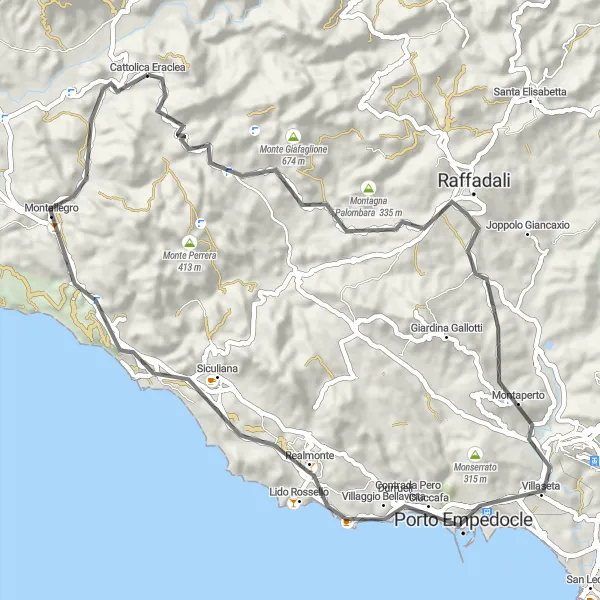 Map miniature of "Cattolica Eraclea Loop" cycling inspiration in Sicilia, Italy. Generated by Tarmacs.app cycling route planner