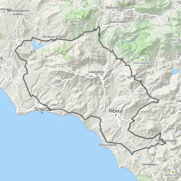 Map miniature of "Secca Grande Road Adventure" cycling inspiration in Sicilia, Italy. Generated by Tarmacs.app cycling route planner